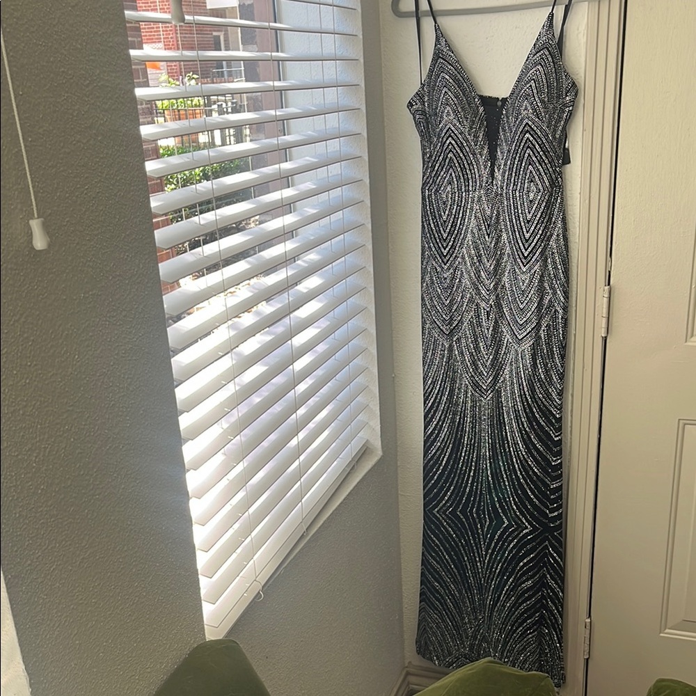Betsy & Adam Black and Silver Sequin Maxi Gown